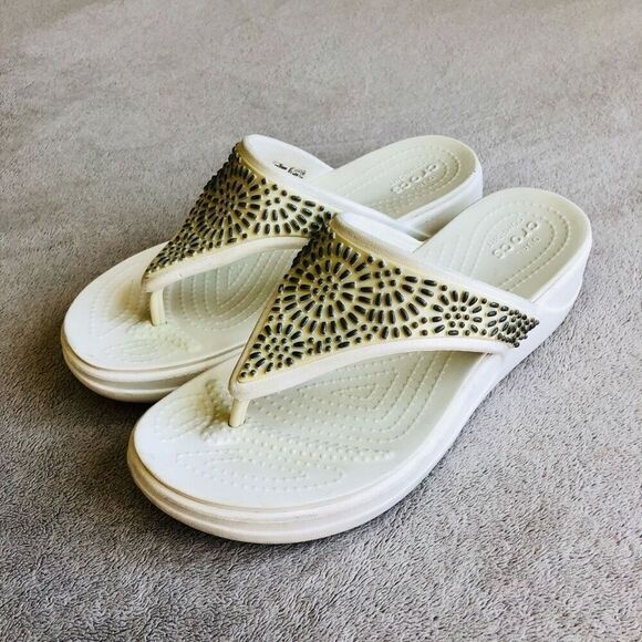 Crocs Women’s Monterey Shimmer White Wedge Sandal - Picture 1 of 11